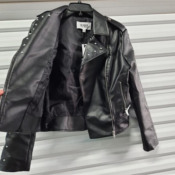 BB Dakota Steve Madden Womens Faux Leather Biker Moto Jacket XS Black Pearl Stud - Picture 5 of 10